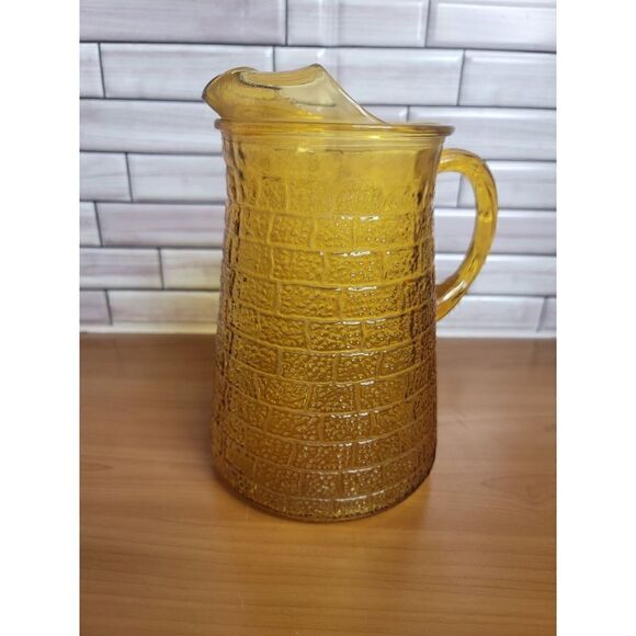 Vintage Anchor Hocking Amber Gold Brick Glass Water Pitcher W/Ice Lip - Picture 4 of 8